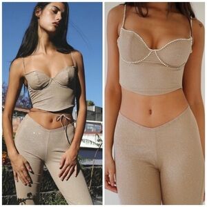 Mirror Palais Fairy Crystal Glitter Crop Bustier Top Small Tan Casual Trendy